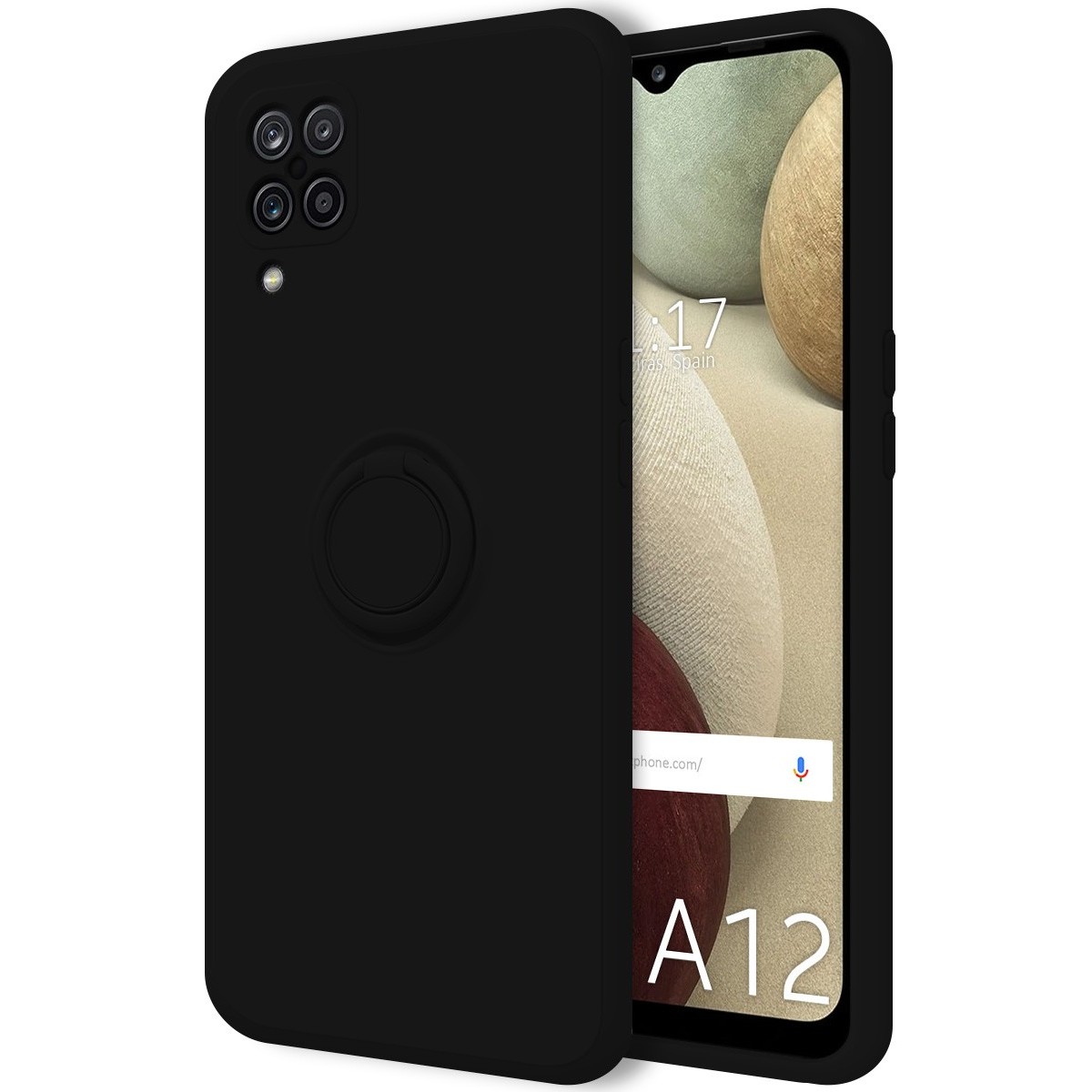 Funda Silicona Líquida Ultra Suave con Anillo para Samsung Galaxy A12 / M12 color Negro