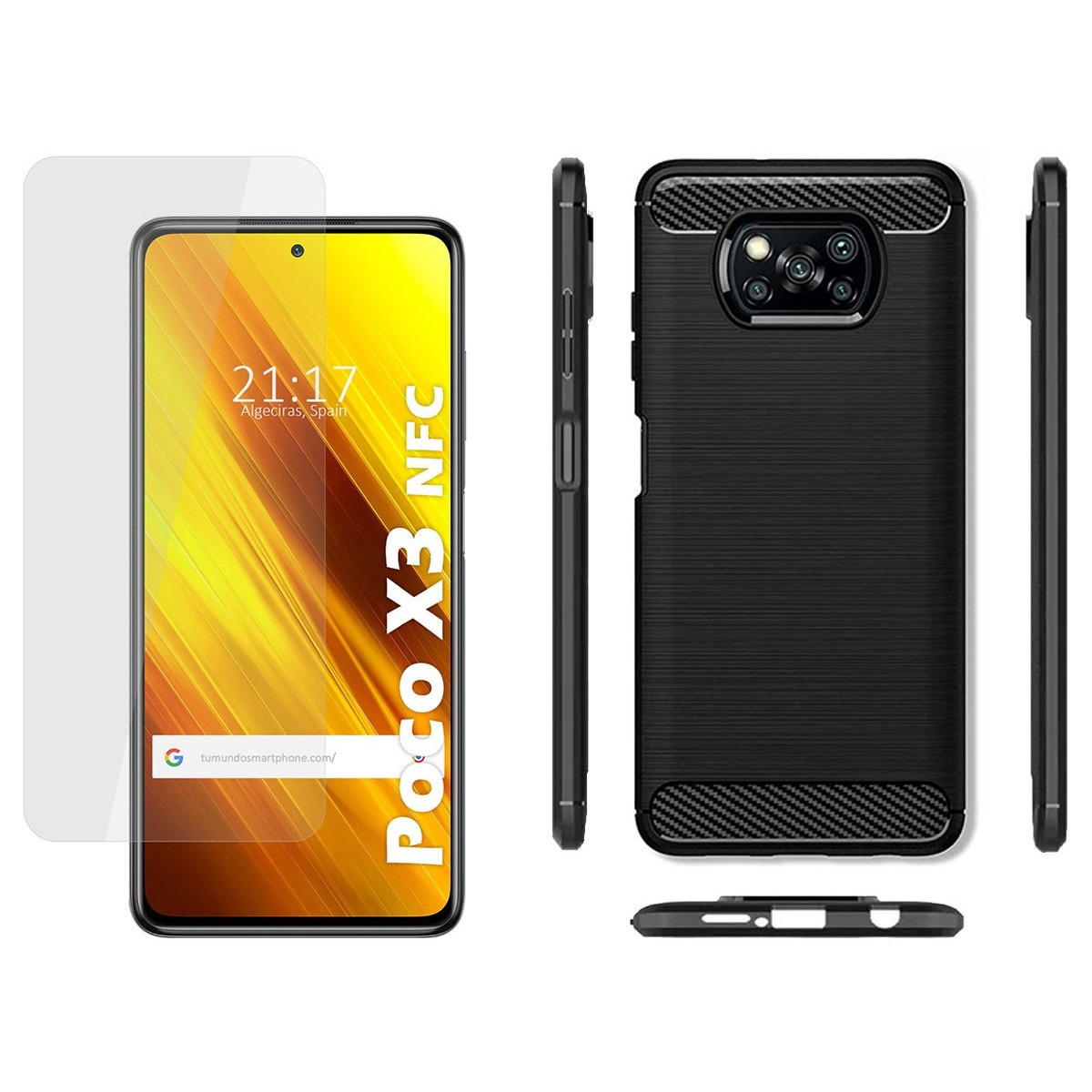 Pack 2 En 1 Funda Gel Tipo Carbono + Protector Cristal Templado para Xiaomi POCO X3 NFC / X3 PRO