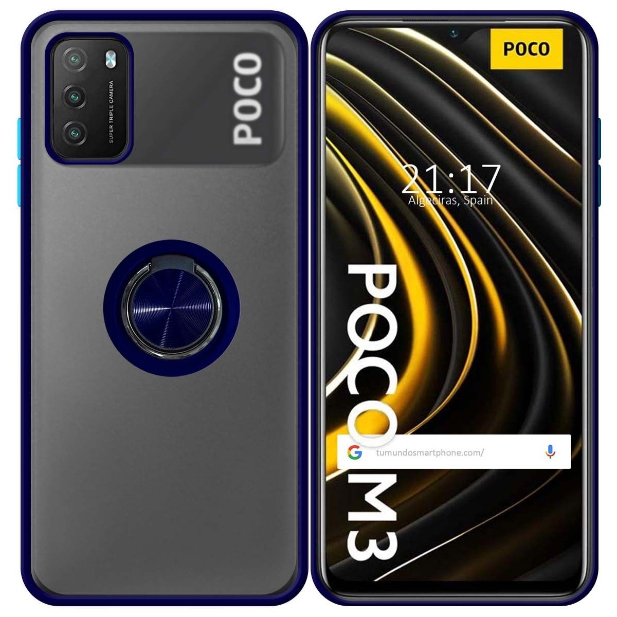 Funda Mate con Borde Azul y Anillo Giratorio 360 para Xiaomi POCO M3 / Redmi 9T