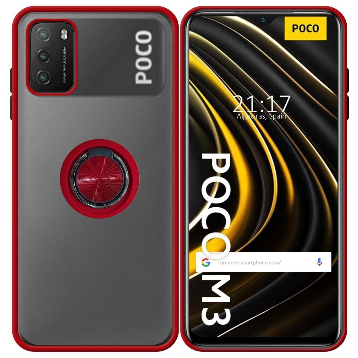 Funda Mate con Borde Rojo y Anillo Giratorio 360 para Xiaomi POCO M3 / Redmi 9T