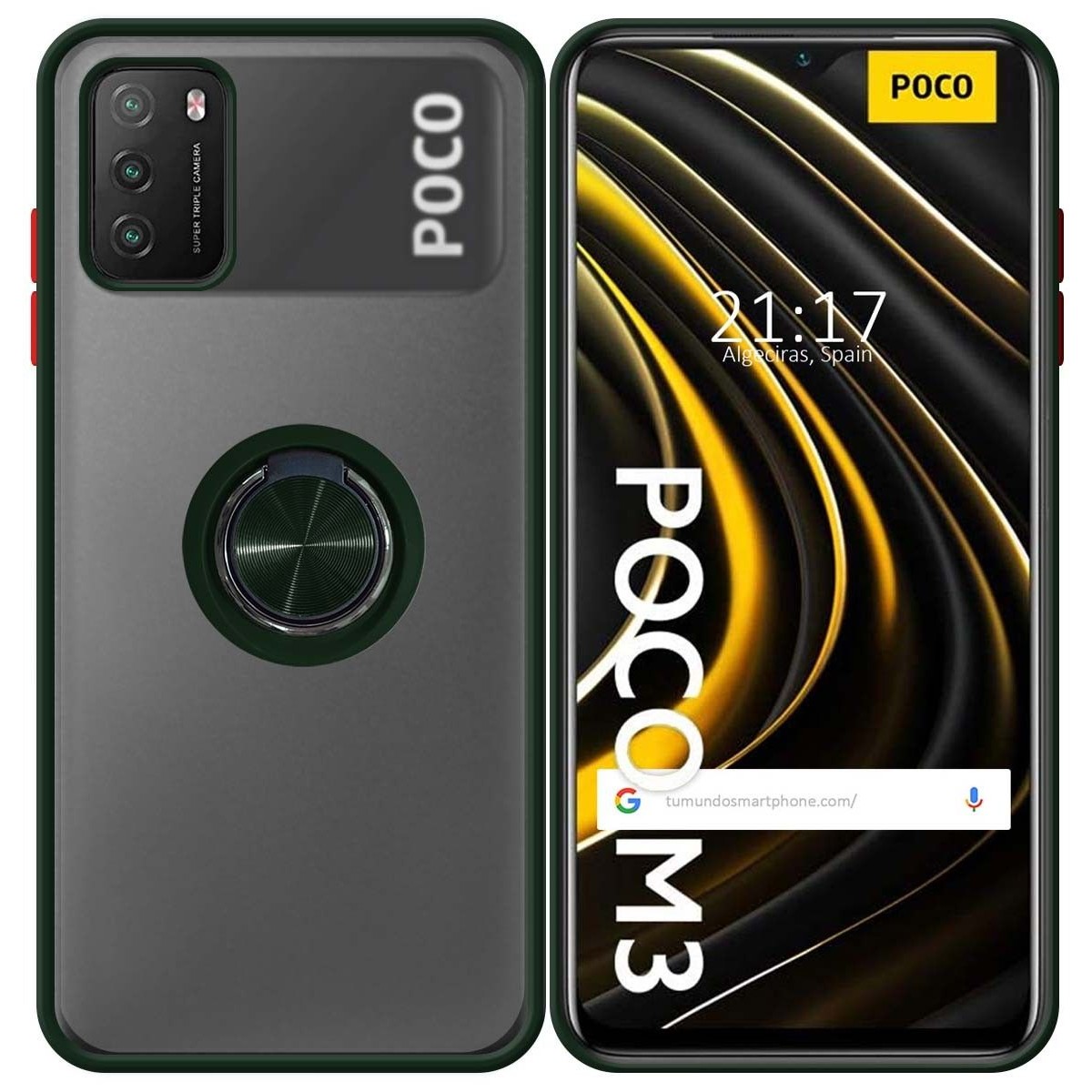 Funda Mate con Borde Verde y Anillo Giratorio 360 para Xiaomi POCO M3 / Redmi 9T