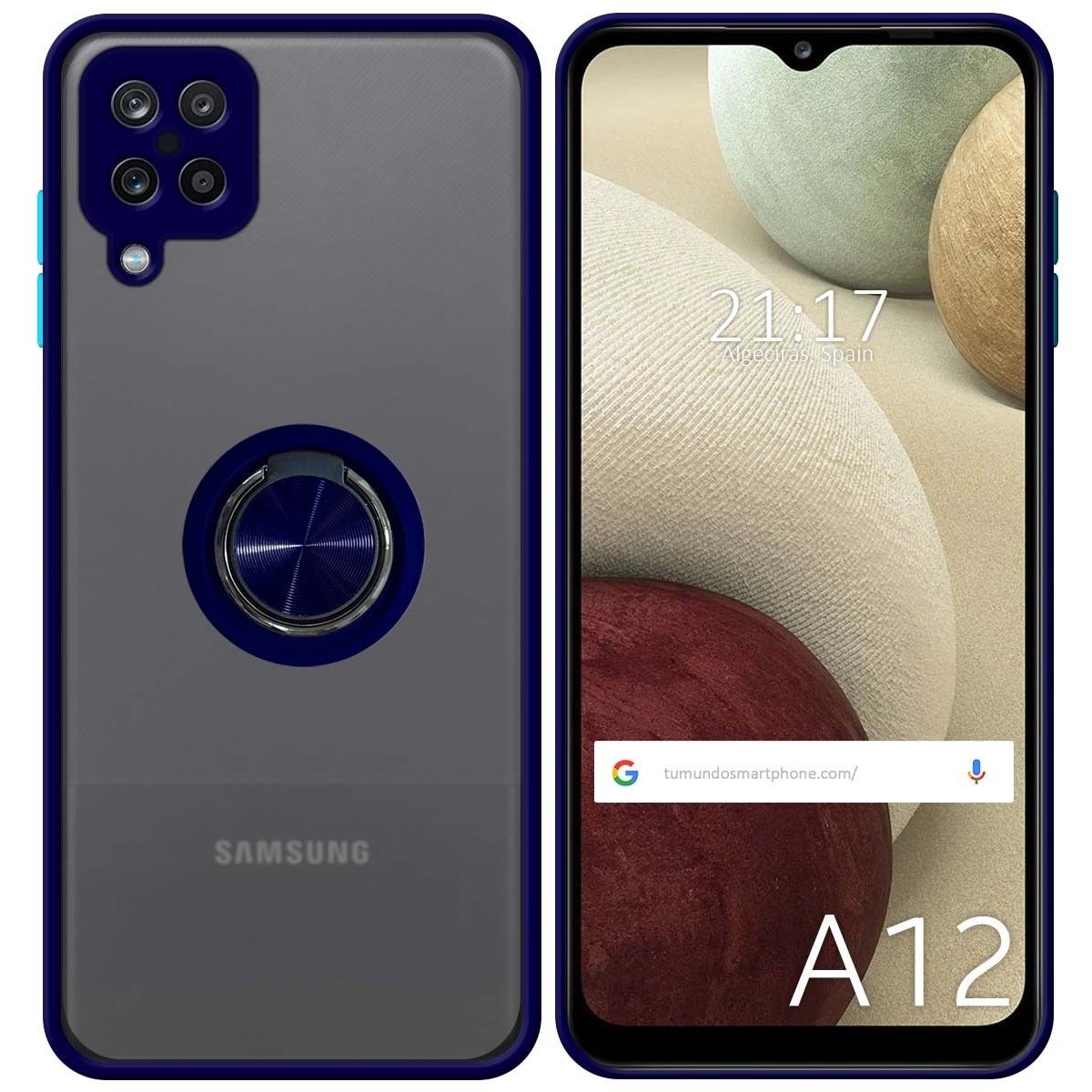 Funda Mate con Borde Azul y Anillo Giratorio 360 para Samsung Galaxy A12 / M12