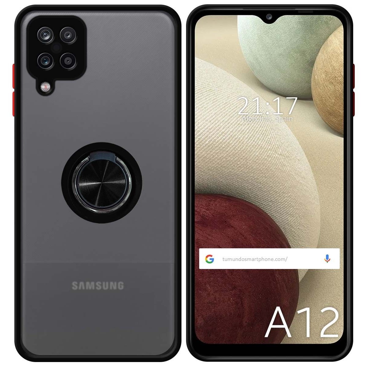 Funda Mate con Borde Negro y Anillo Giratorio 360 para Samsung Galaxy A12 / M12