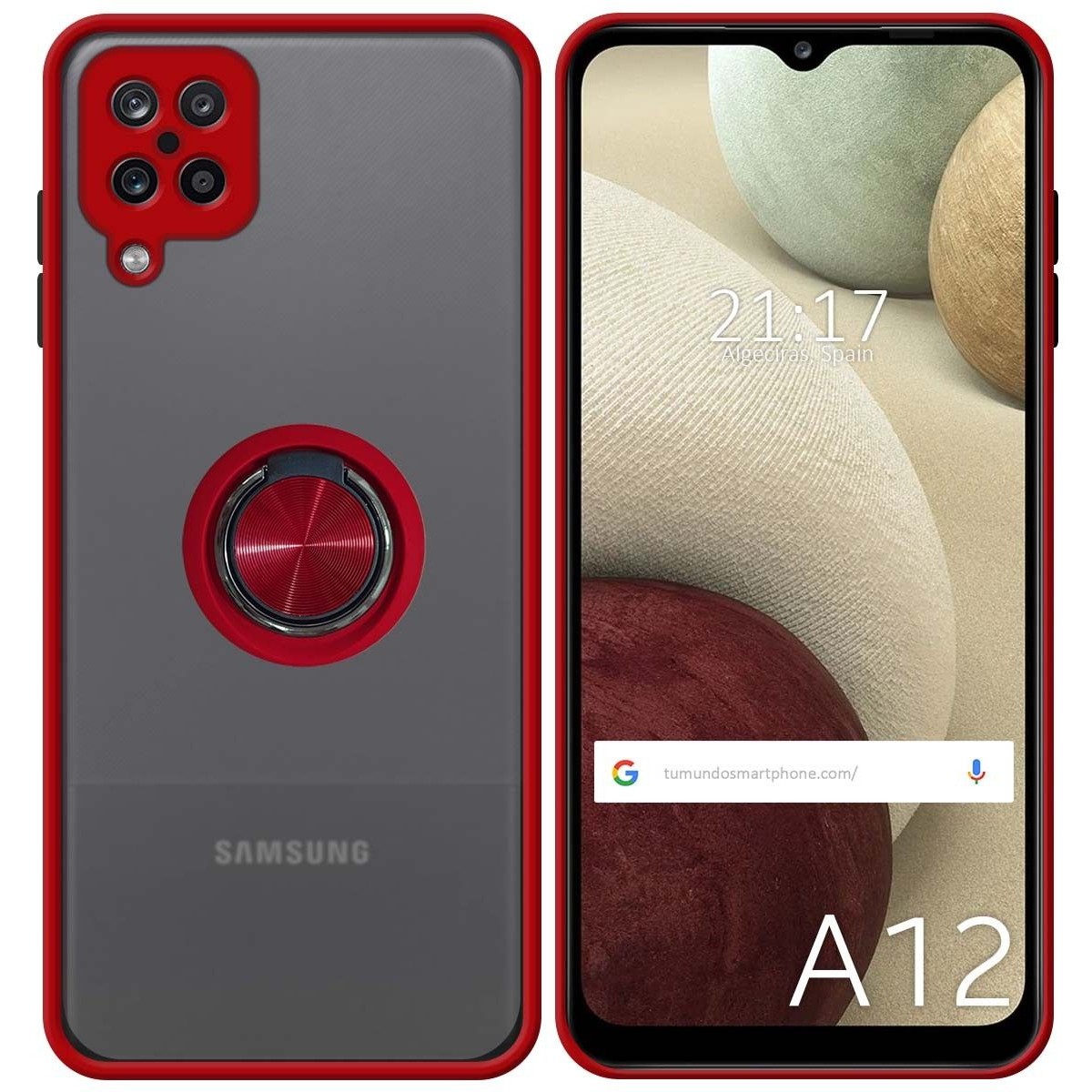 Funda Mate con Borde Rojo y Anillo Giratorio 360 para Samsung Galaxy A12 / M12