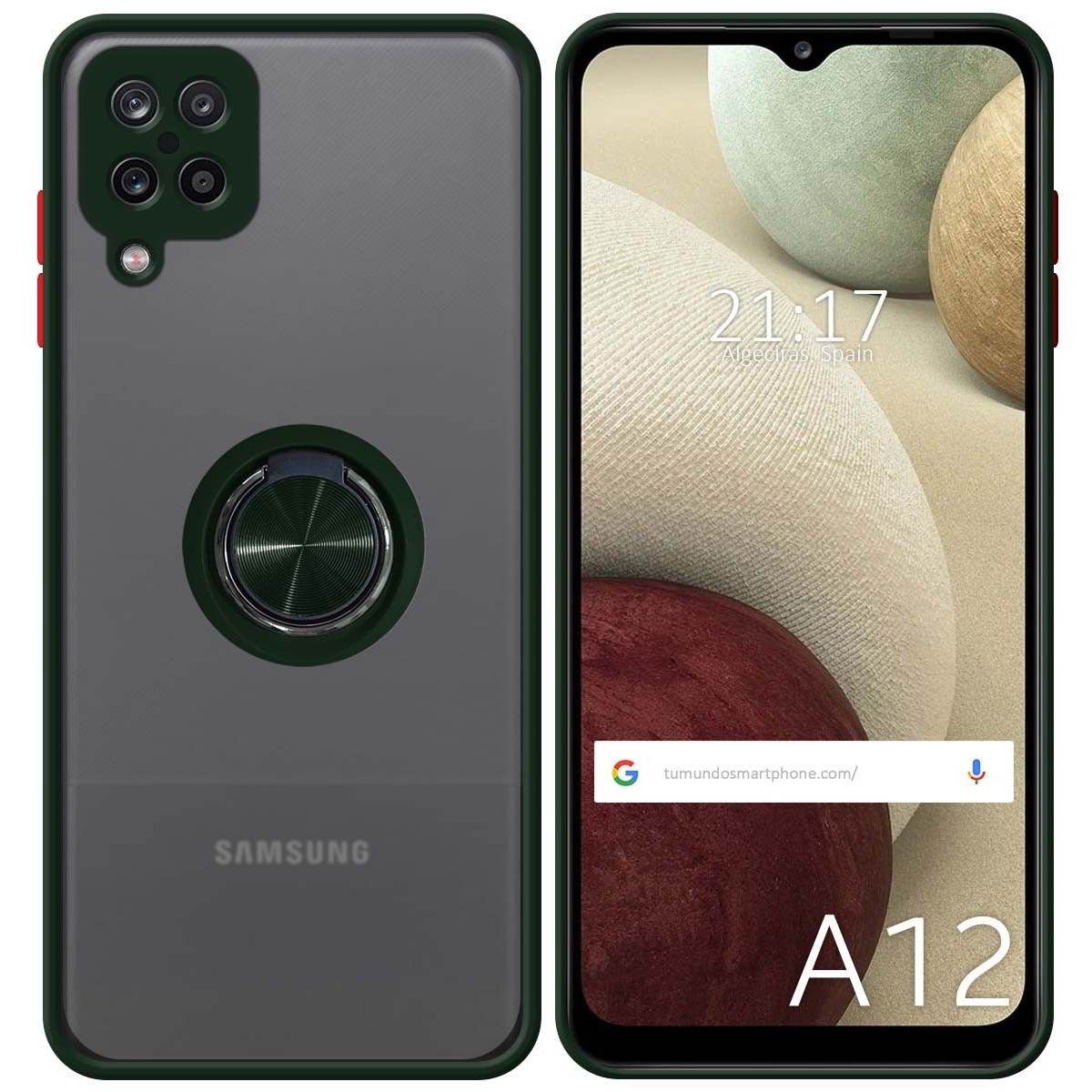 Funda Mate con Borde Verde y Anillo Giratorio 360 para Samsung Galaxy A12 / M12