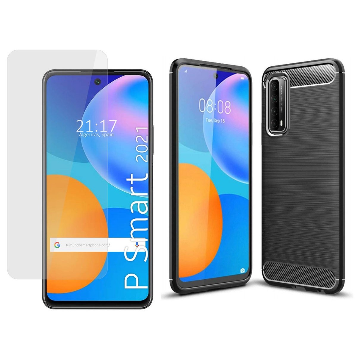 Pack 2 En 1 Funda Gel Tipo Carbono + Protector Cristal Templado para Huawei P Smart 2021
