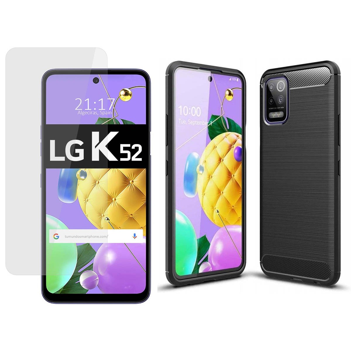 Pack 2 En 1 Funda Gel Tipo Carbono + Protector Cristal Templado para Lg K52