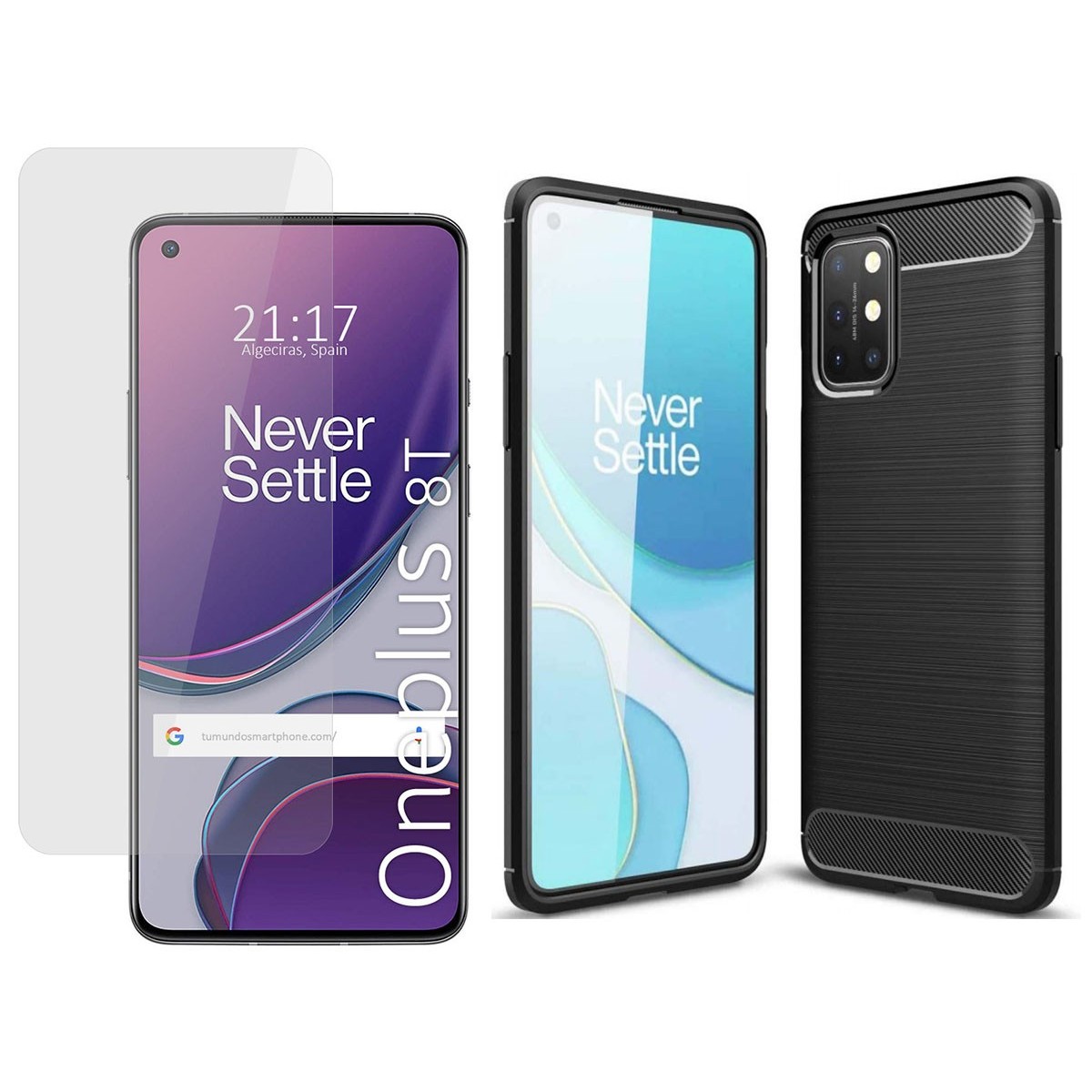 Pack 2 En 1 Funda Gel Tipo Carbono + Protector Cristal Templado para OnePlus 8T 5G