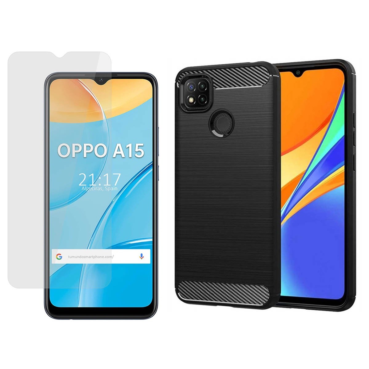 Pack 2 En 1 Funda Gel Tipo Carbono + Protector Cristal Templado para Oppo A15