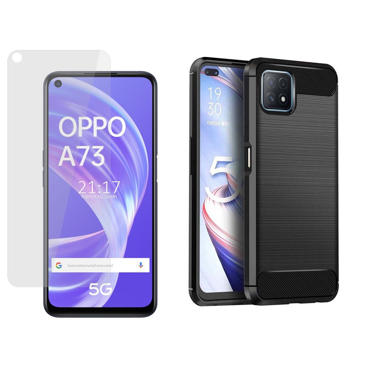 Pack 2 En 1 Funda Gel Tipo Carbono + Protector Cristal Templado para Oppo A73 5G