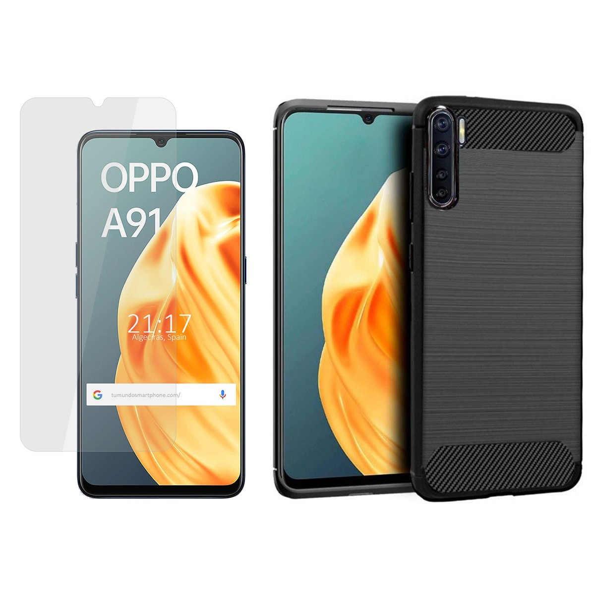 Pack 2 En 1 Funda Gel Tipo Carbono + Protector Cristal Templado para Oppo A91