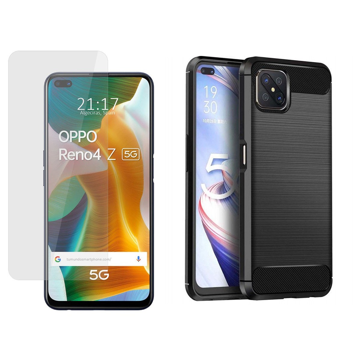 Pack 2 En 1 Funda Gel Tipo Carbono + Protector Cristal Templado para Oppo Reno 4Z 5G