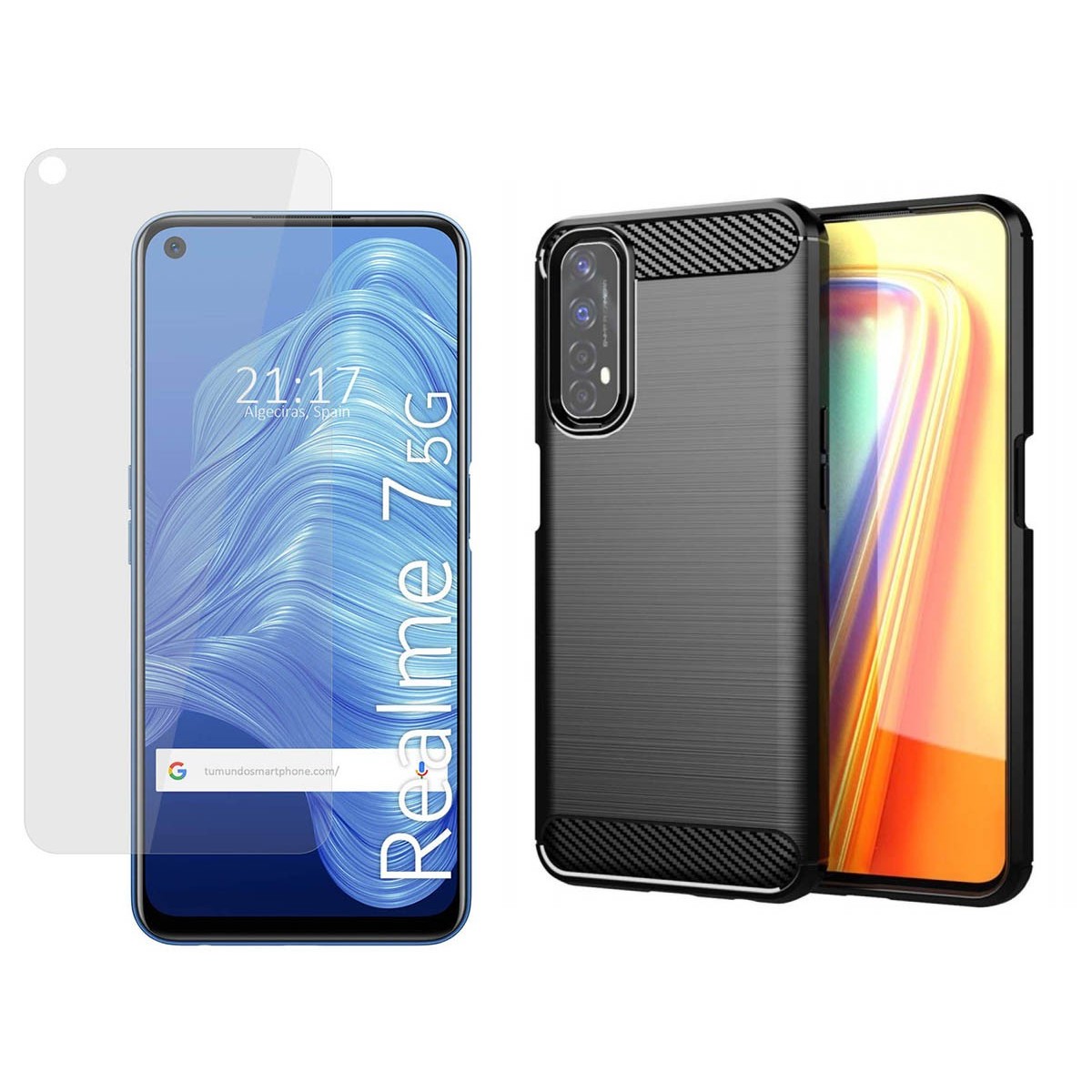 Pack 2 En 1 Funda Gel Tipo Carbono + Protector Cristal Templado para Realme 7 5G