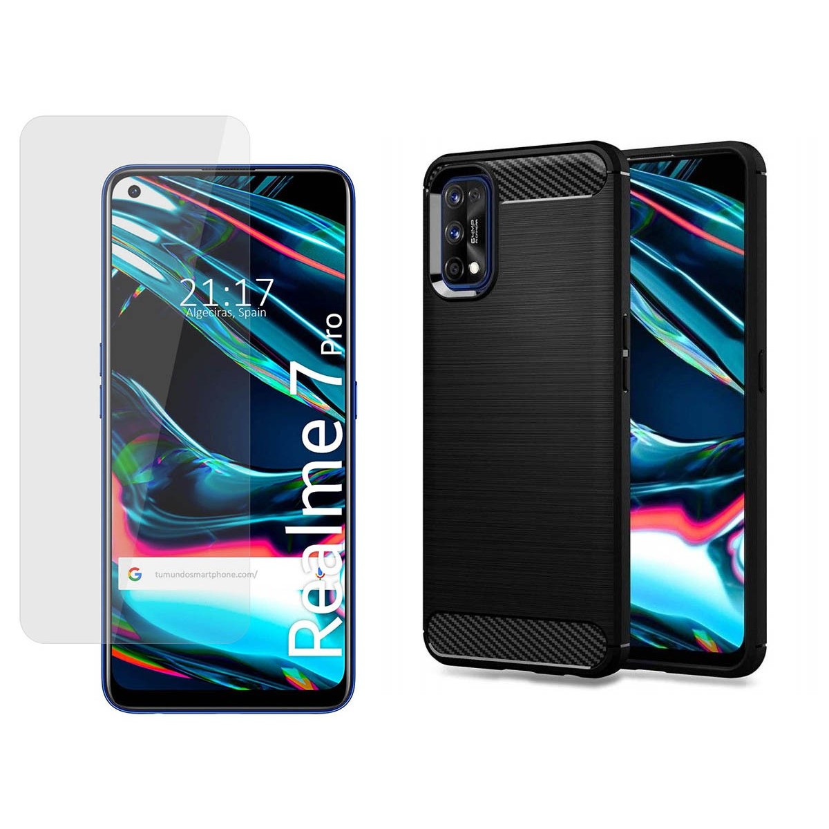 Pack 2 En 1 Funda Gel Tipo Carbono + Protector Cristal Templado para Realme 7 Pro