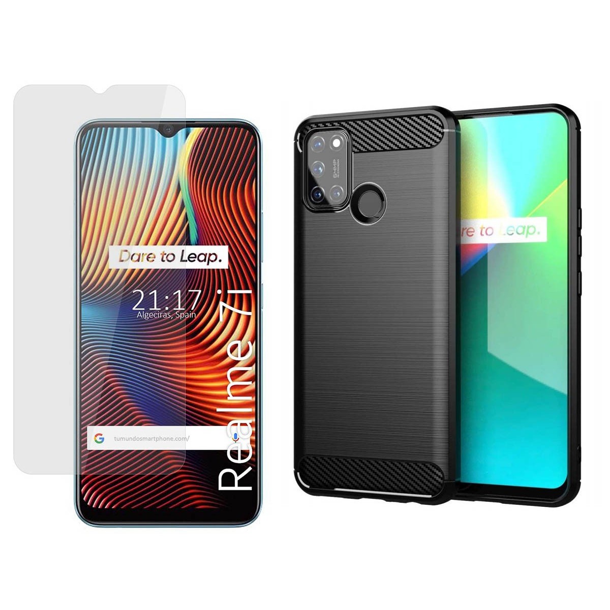 Pack 2 En 1 Funda Gel Tipo Carbono + Protector Cristal Templado para Realme 7i / Narzo 30A