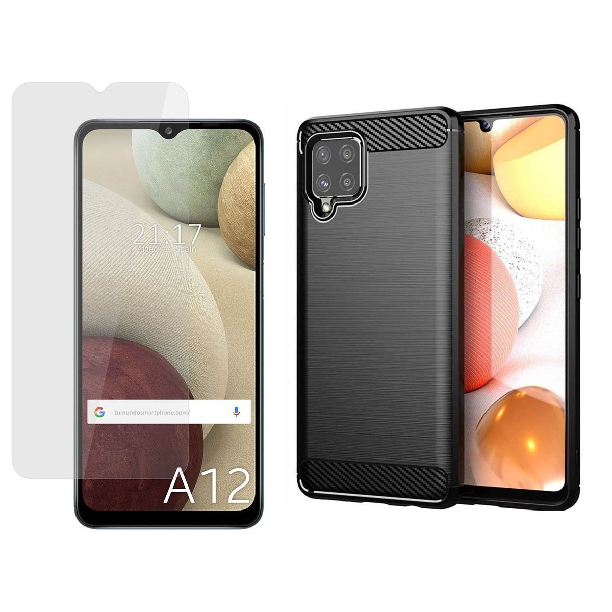 Pack 2 En 1 Funda Gel Tipo Carbono + Protector Cristal Templado para Samsung Galaxy A12 / M12