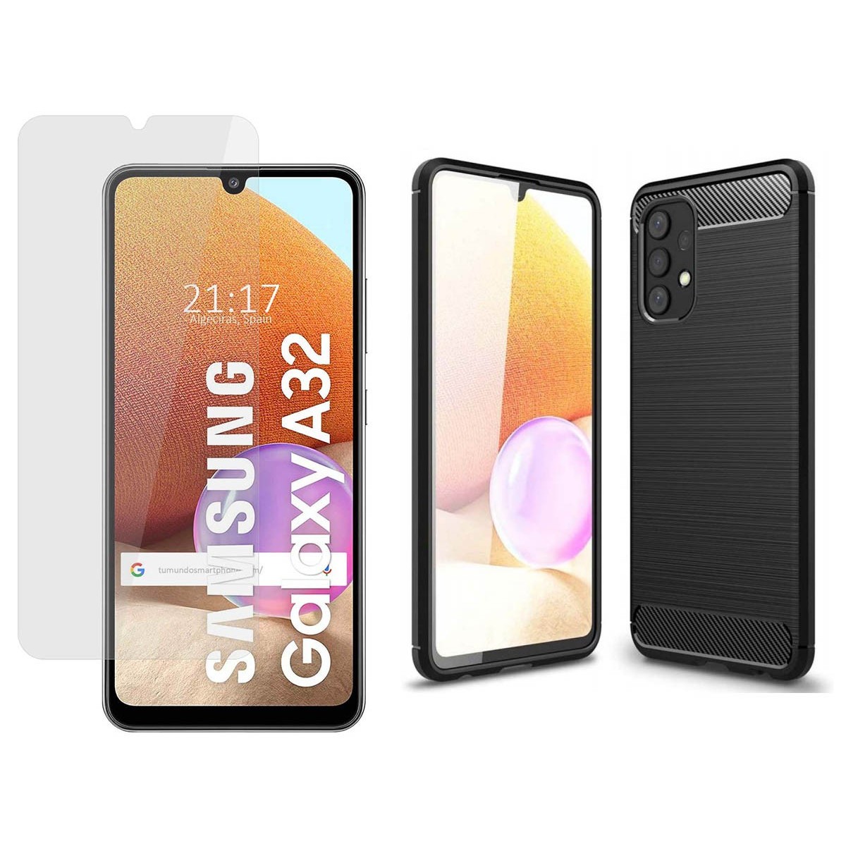 Pack 2 En 1 Funda Gel Tipo Carbono + Protector Cristal Templado para Samsung Galaxy A32 4G