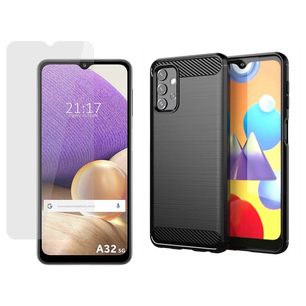 Pack 2 En 1 Funda Gel Tipo Carbono + Protector Cristal Templado para Samsung Galaxy A32 5G
