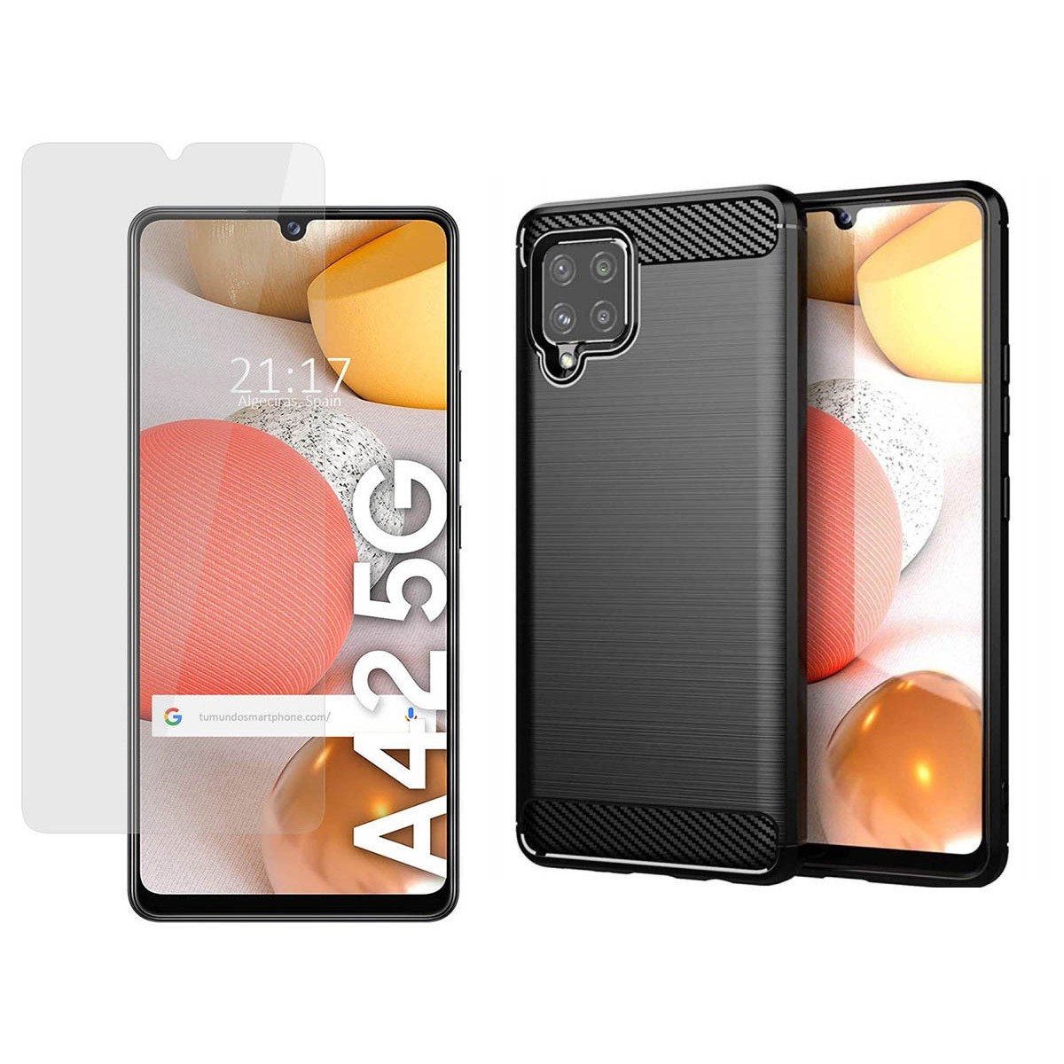 Pack 2 En 1 Funda Gel Tipo Carbono + Protector Cristal Templado para Samsung Galaxy A42 5G