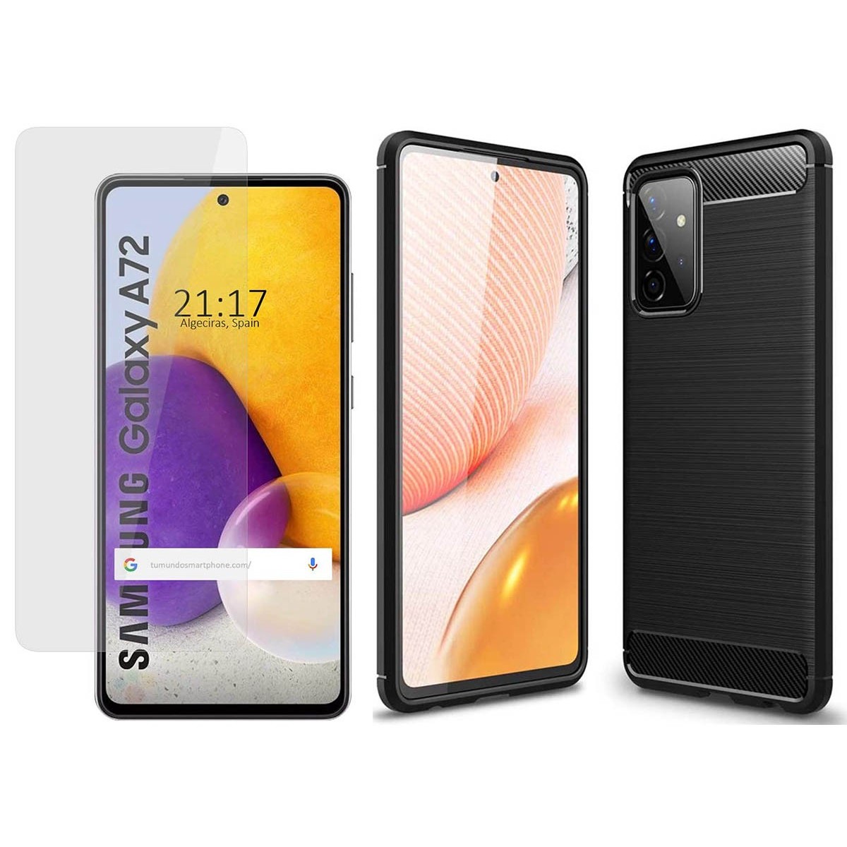 Pack 2 En 1 Funda Gel Tipo Carbono + Protector Cristal Templado para Samsung Galaxy A72