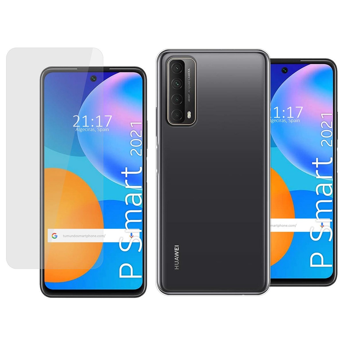 Pack 2 En 1 Funda Gel Transparente + Protector Cristal Templado para Huawei P Smart 2021