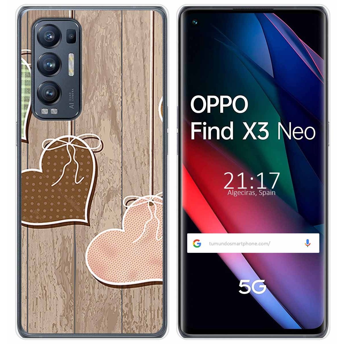 Funda Gel Tpu para Oppo Find X3 Neo 5G diseño Corazones Madera Dibujos