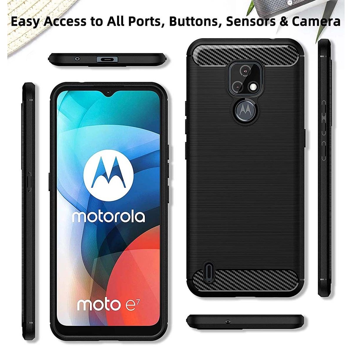 Funda Gel Tpu Tipo Carbon Negra para Motorola Moto E7