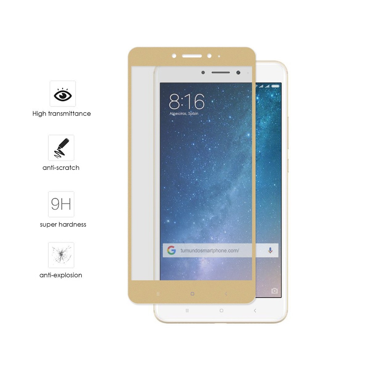 Protector Cristal Templado Frontal Completo Dorado para Xiaomi Mi Max 2 Vidrio