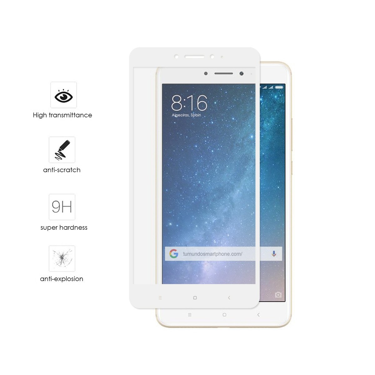 Protector Cristal Templado Frontal Completo Blanco para Xiaomi Mi Max 2 Vidrio