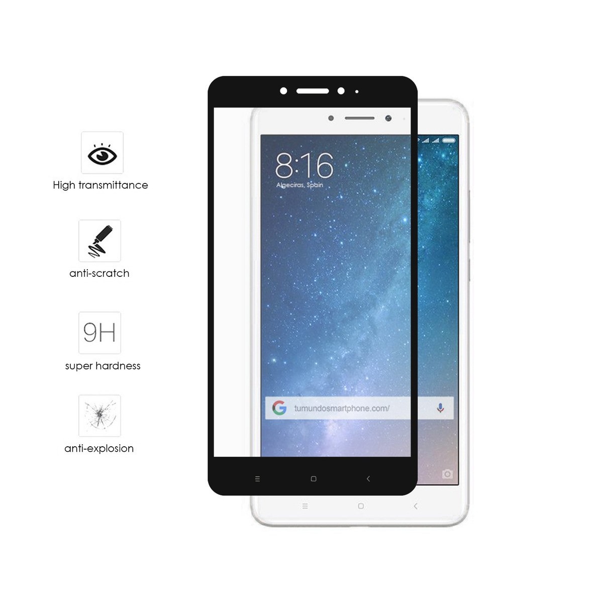 Protector Cristal Templado Frontal Completo Negro para Xiaomi Mi Max 2 Vidrio