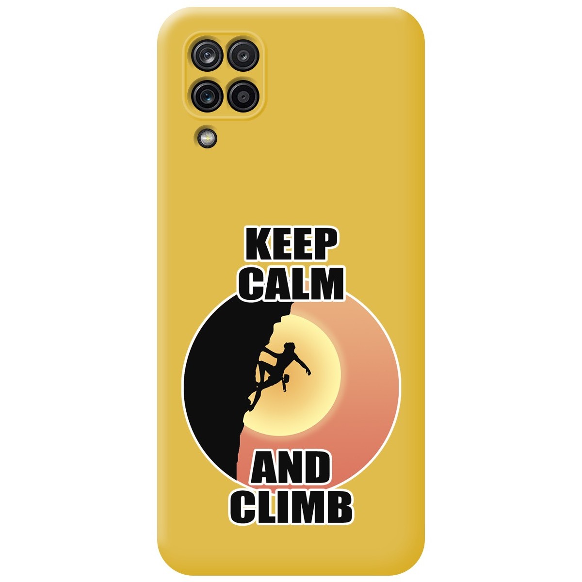 Funda Silicona Líquida Amarilla para Samsung Galaxy A12 / M12 diseño Mujer Escalada Dibujos