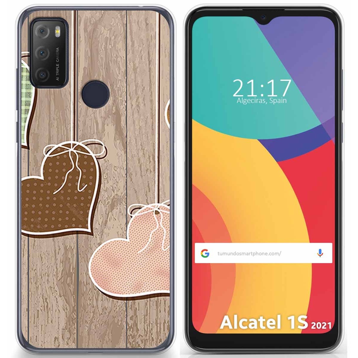 Funda Gel Tpu para Alcatel 1S 2021 / 3L 2021 diseño Corazones Madera Dibujos