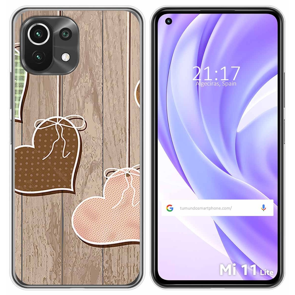 Funda Gel Tpu para Xiaomi Mi 11 Lite 4G / 5G / 5G NE diseño Corazones Madera Dibujos