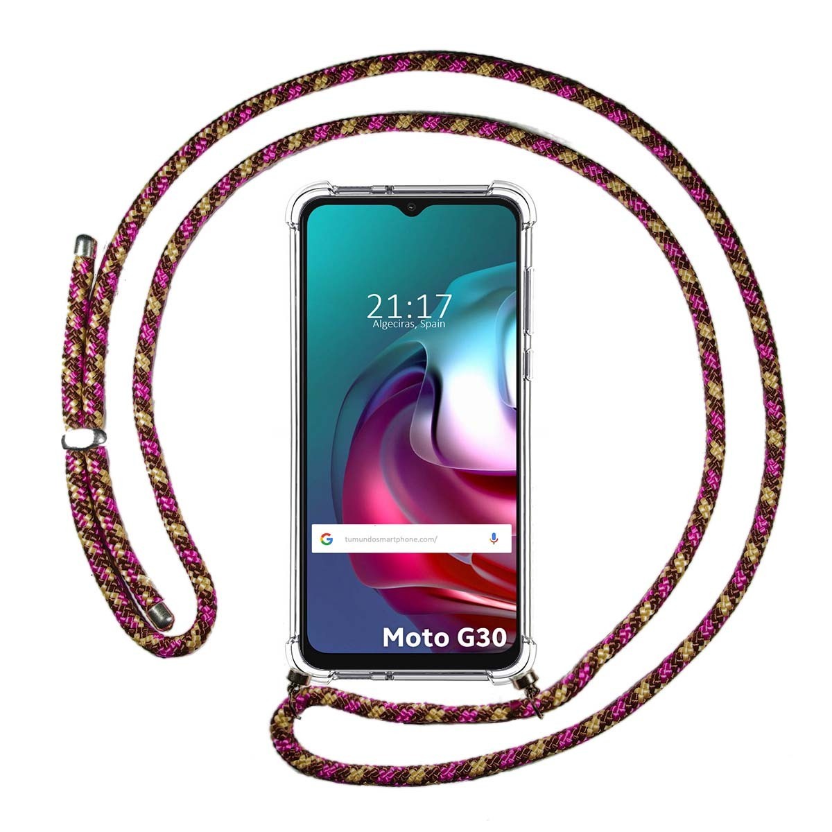 Funda Colgante Transparente para Motorola Moto G10 / G20 / G30 con Cordon Rosa / Dorado