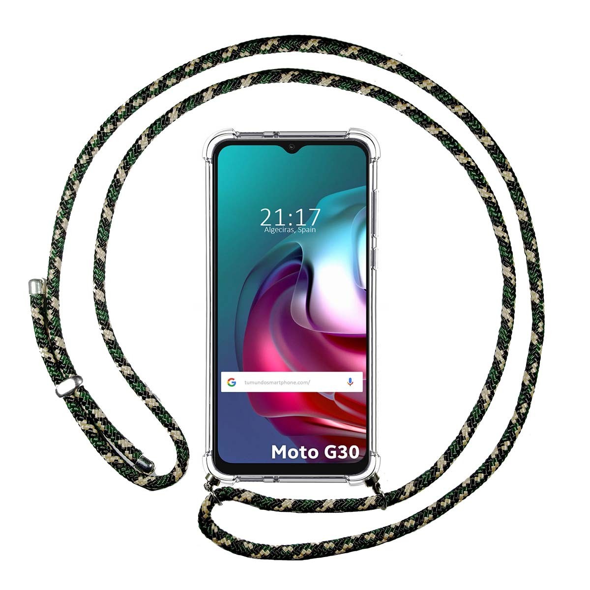 Funda Colgante Transparente para Motorola Moto G10 / G20 / G30 con Cordon Verde / Dorado