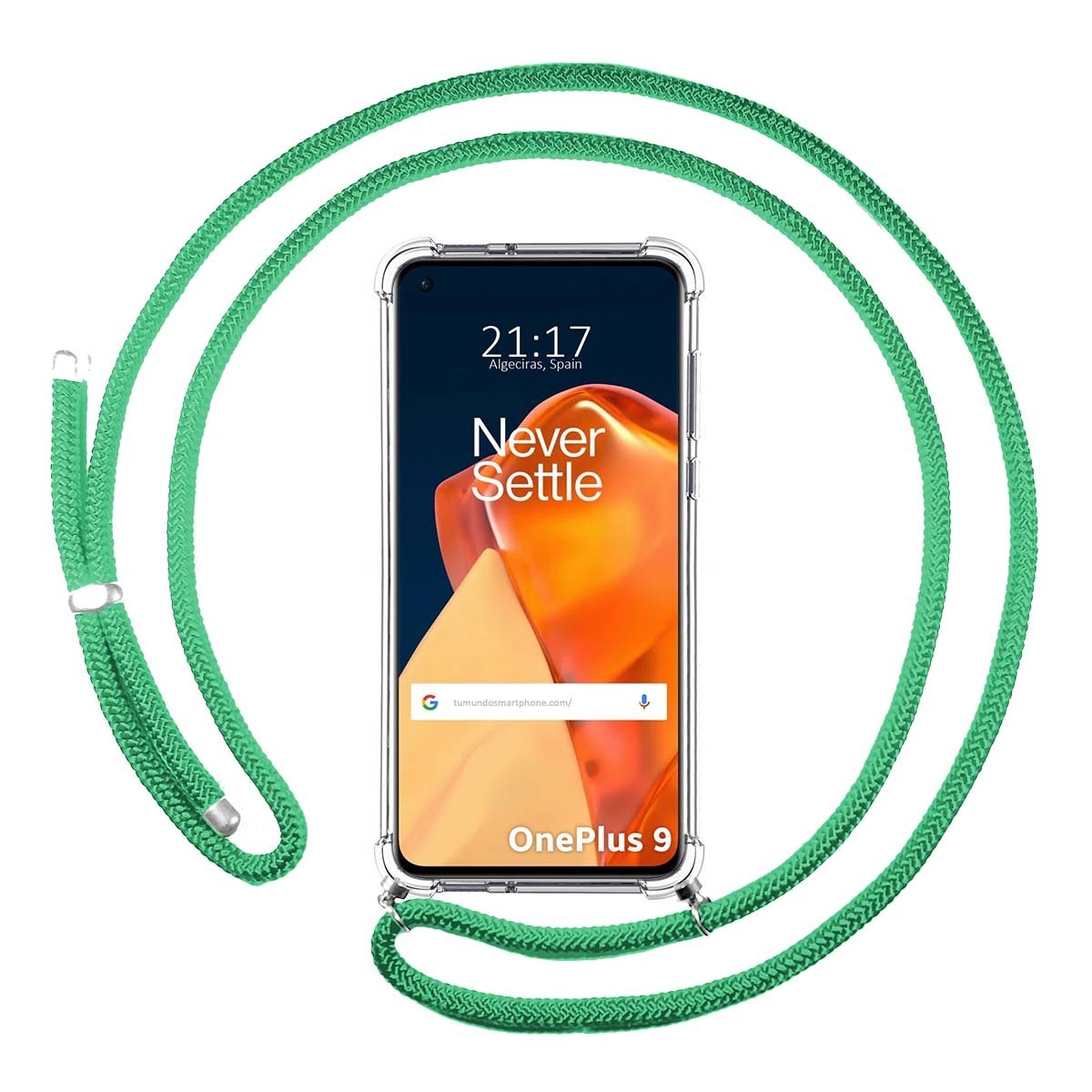 Funda Colgante Transparente para OnePlus 9 5G con Cordon Verde Agua