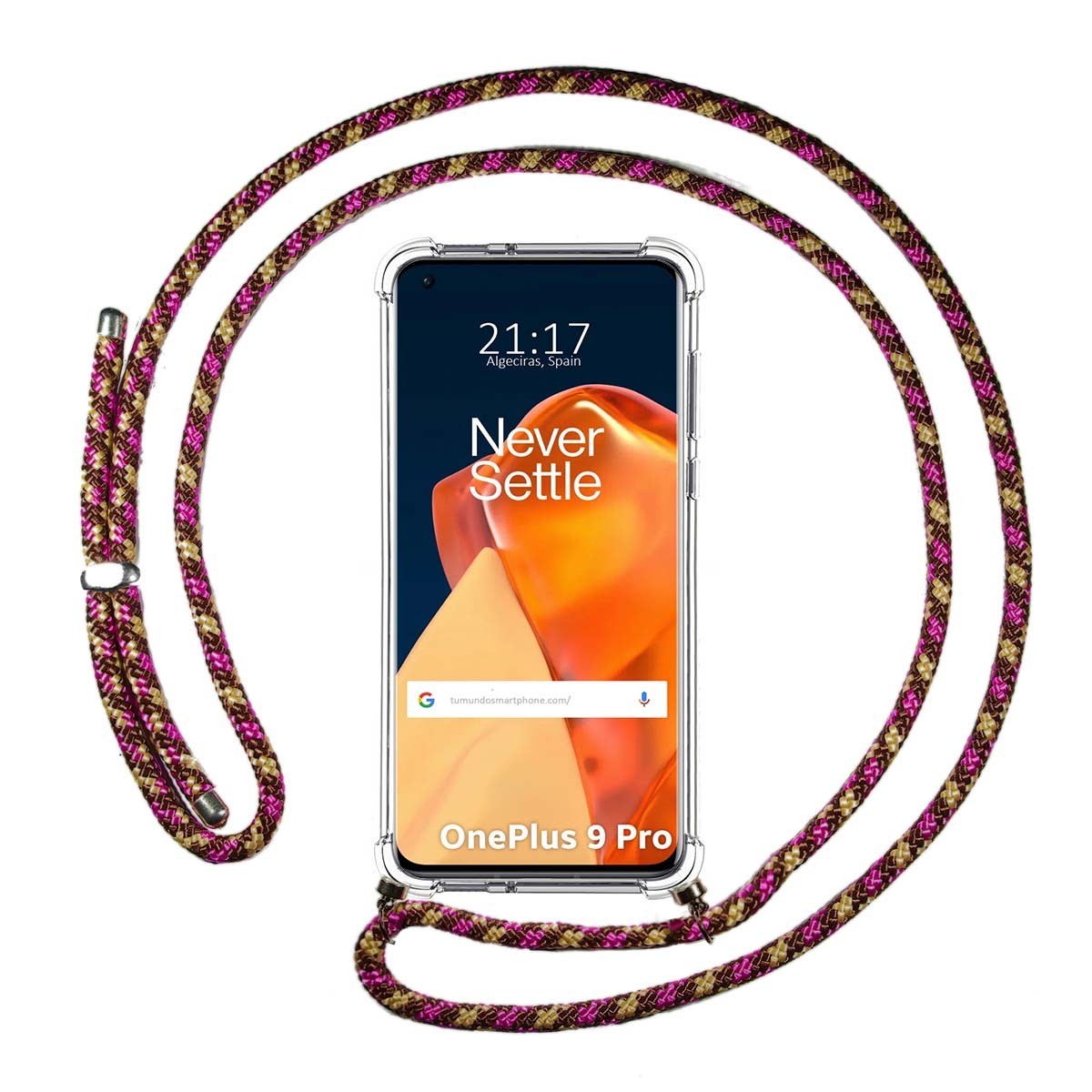 Funda Colgante Transparente para OnePlus 9 Pro 5G con Cordon Rosa / Dorado
