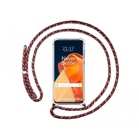 Funda Colgante Transparente para OnePlus 9 Pro 5G con Cordon Rosa / Dorado