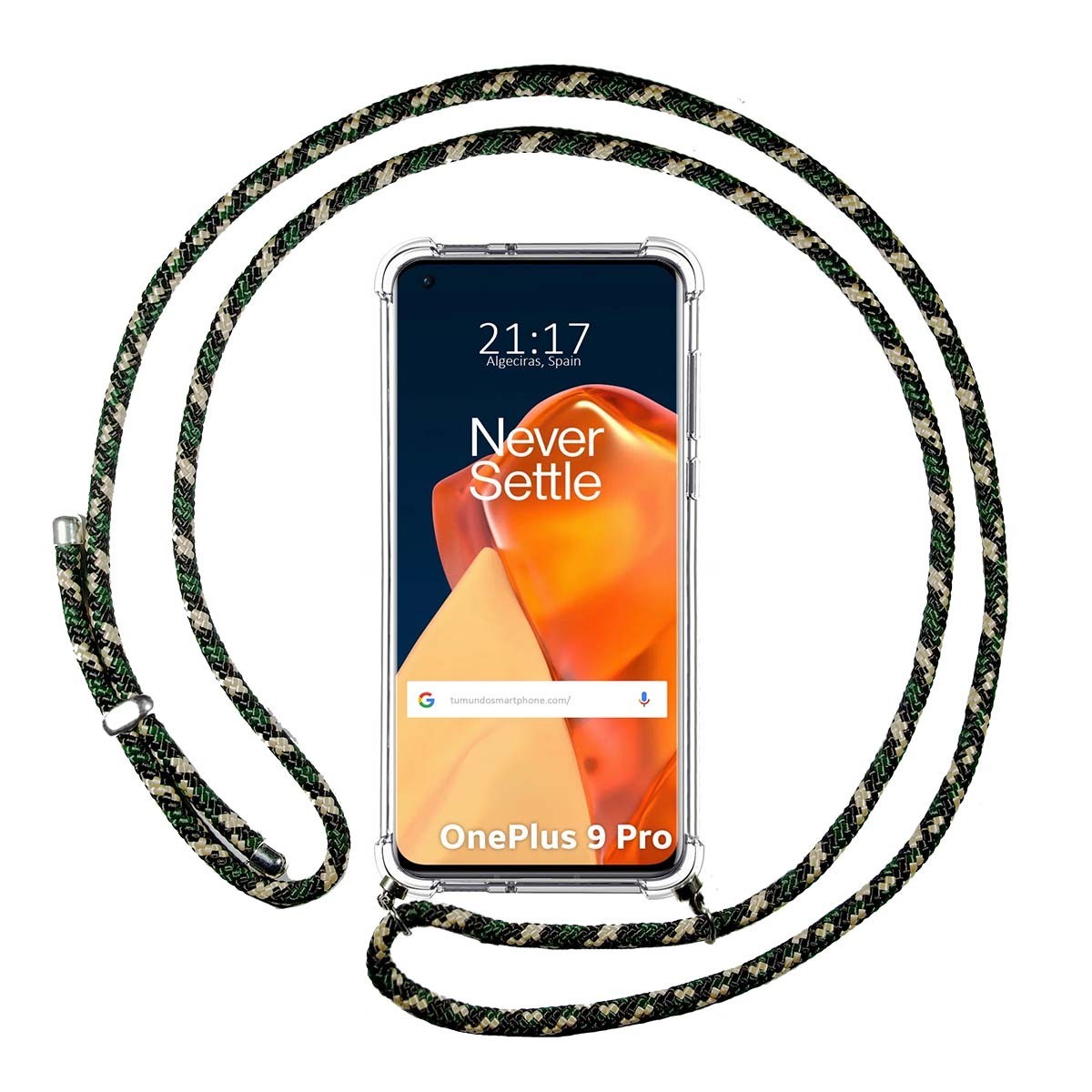 Funda Colgante Transparente para OnePlus 9 Pro 5G con Cordon Verde / Dorado