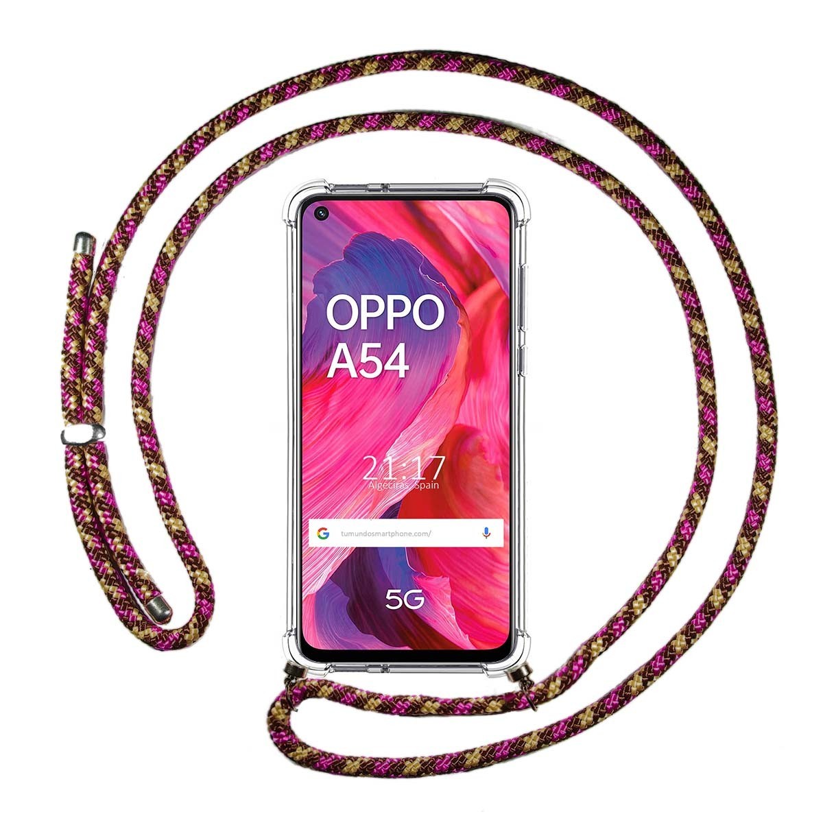 Funda Colgante Transparente para Oppo A54 5G / A74 5G con Cordon Rosa / Dorado