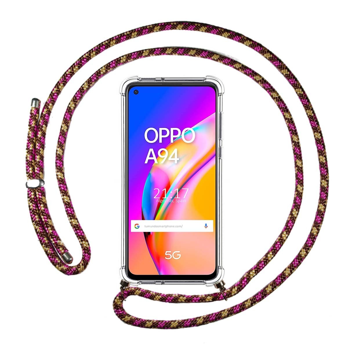 Funda Colgante Transparente para Oppo A94 5G con Cordon Rosa / Dorado