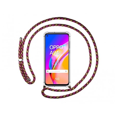 Funda Colgante Transparente para Oppo A94 5G con Cordon Rosa / Dorado