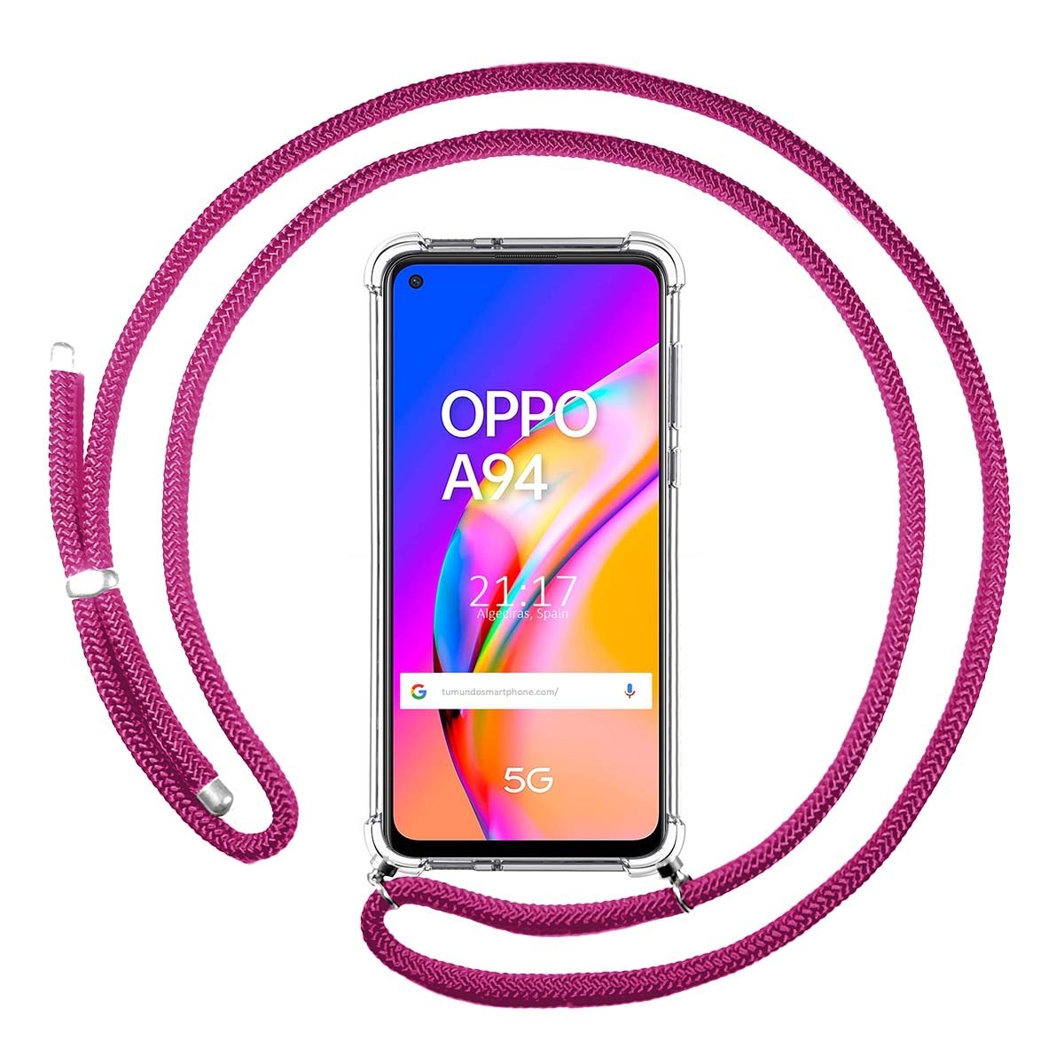 Funda Colgante Transparente para Oppo A94 5G con Cordon Rosa Fucsia