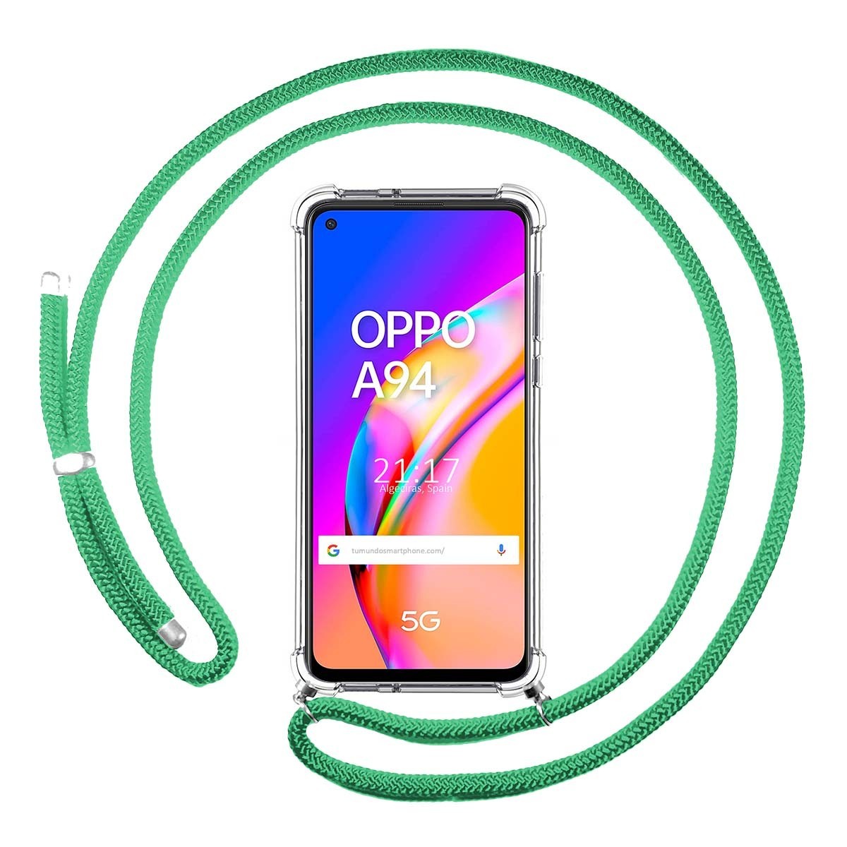 Funda Colgante Transparente para Oppo A94 5G con Cordon Verde Agua