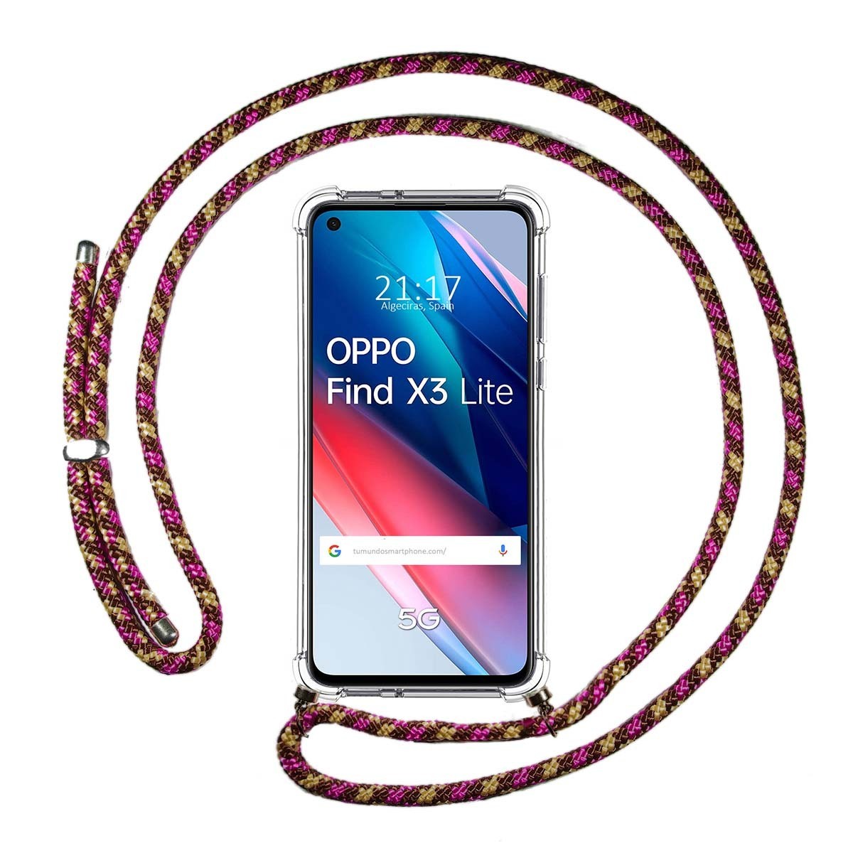 Funda Colgante Transparente para Oppo Find X3 Lite 5G con Cordon Rosa / Dorado