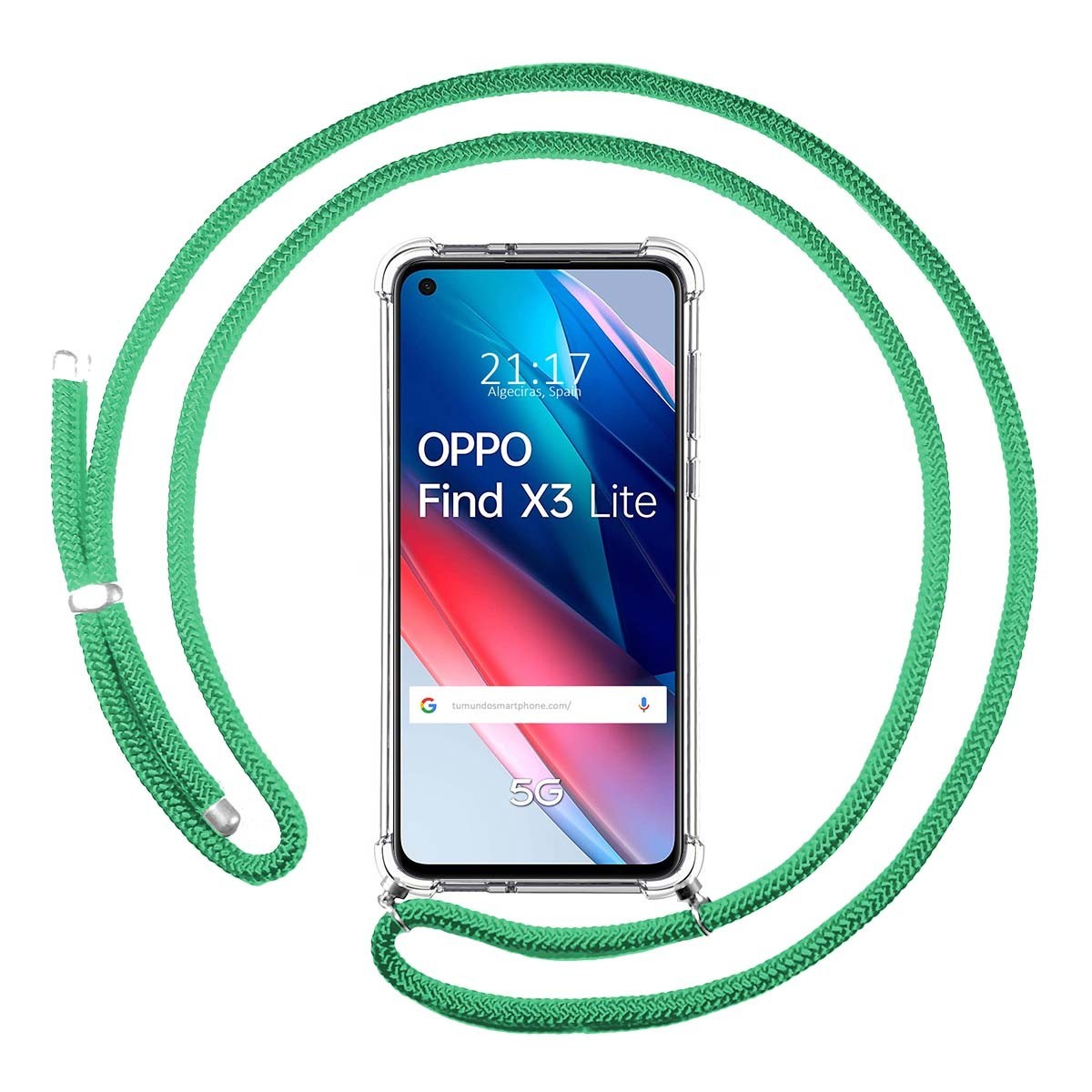 Funda Colgante Transparente para Oppo Find X3 Lite 5G con Cordon Verde Agua