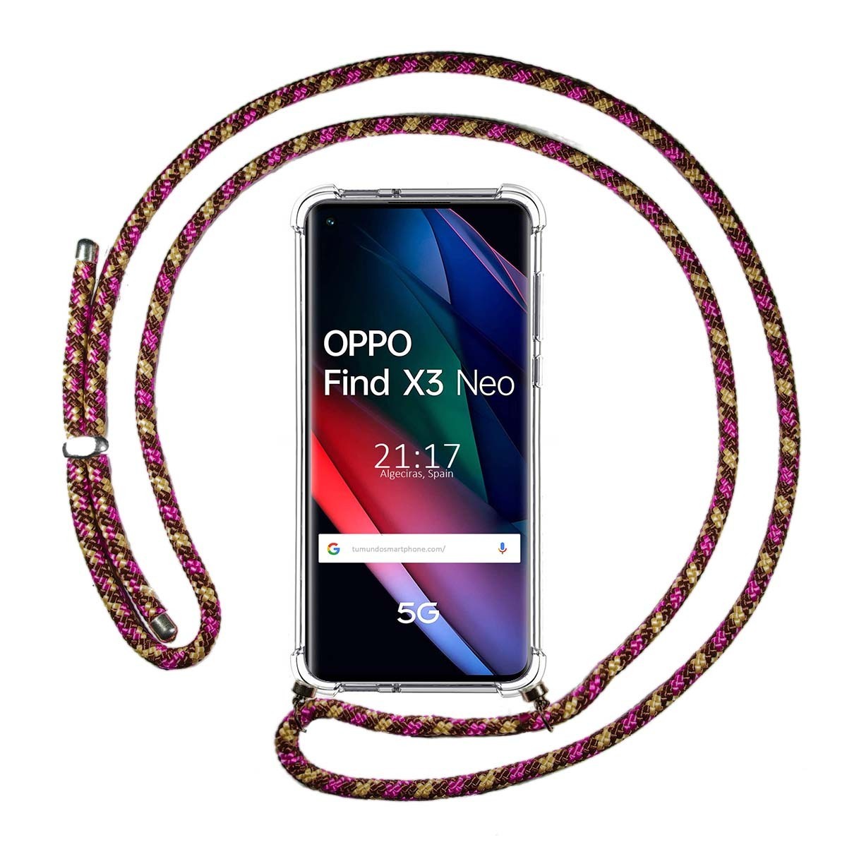 Funda Colgante Transparente para Oppo Find X3 Neo 5G con Cordon Rosa / Dorado