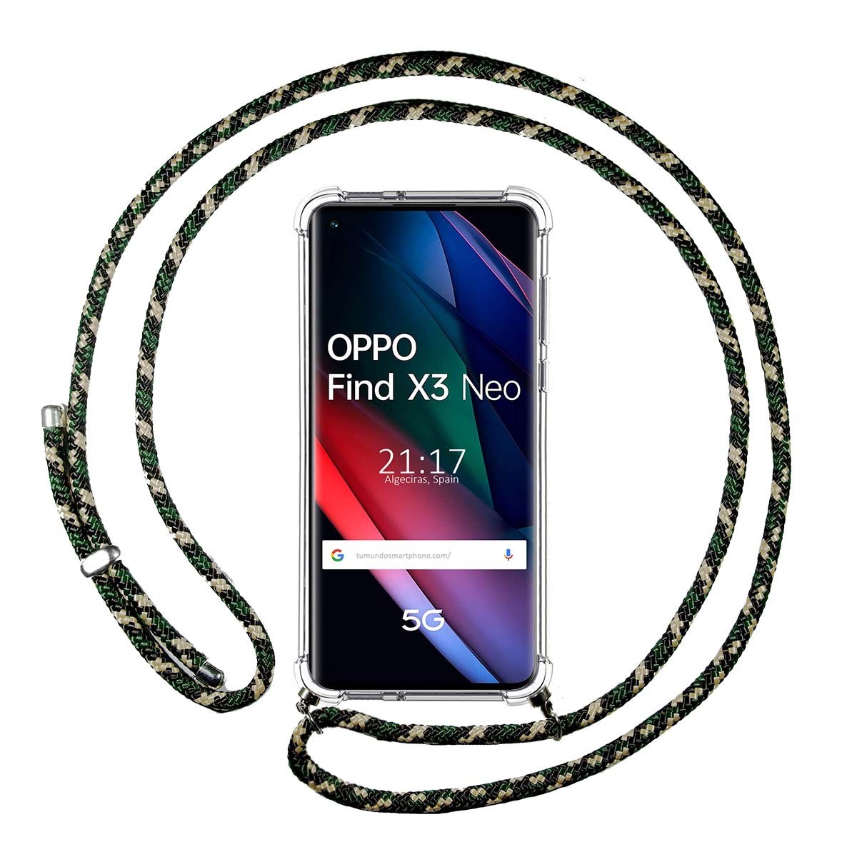 Funda Colgante Transparente para Oppo Find X3 Neo 5G con Cordon Verde / Dorado