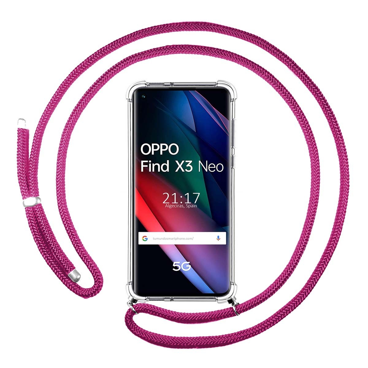 Funda Colgante Transparente para Oppo Find X3 Neo 5G con Cordon Rosa Fucsia