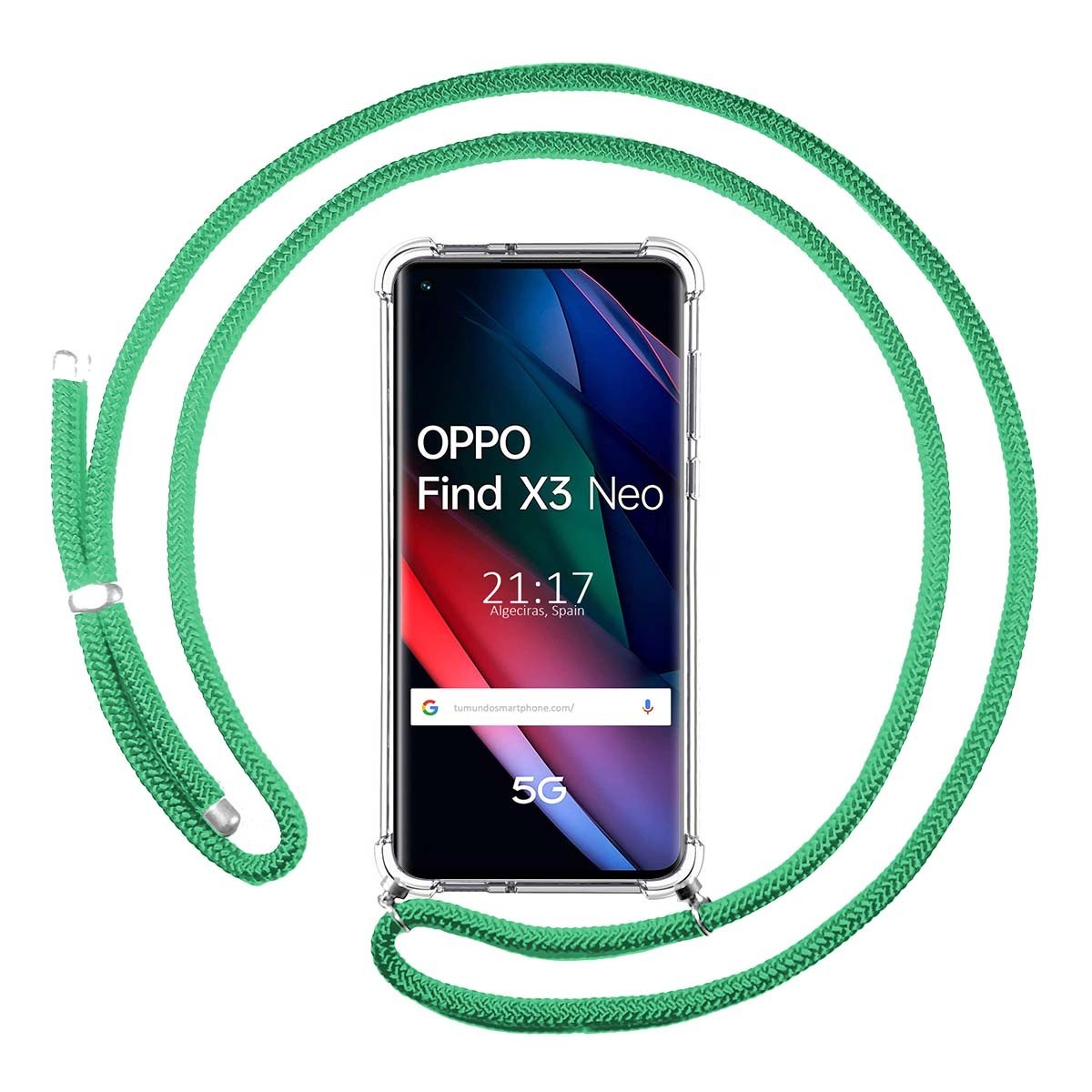 Funda Colgante Transparente para Oppo Find X3 Neo 5G con Cordon Verde Agua